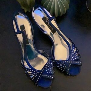 NINA Kitten Heels, Navy w/Rhinestones, Sz 8, EUC.